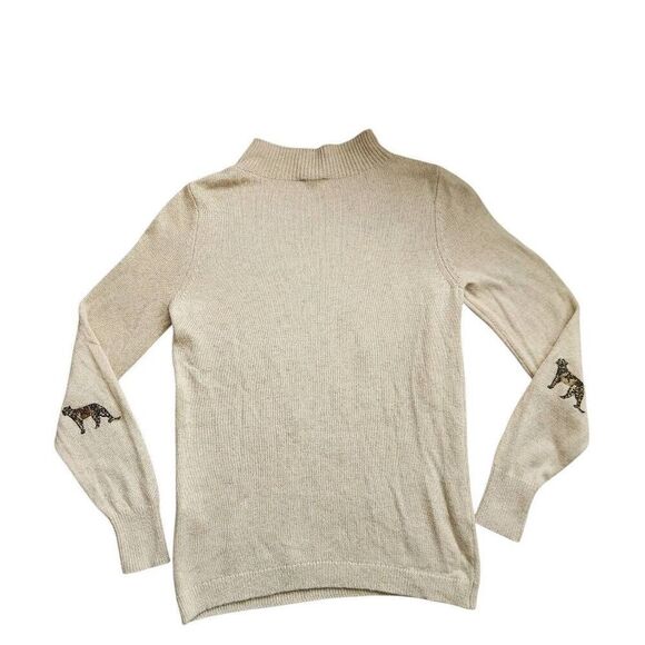 Chicos Sweater Womens Medium Wool Cashmere Blend Embroidered Cheetah Tan Animal - Picture 3 of 5